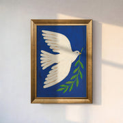 White Dove with Olive Branch Canvas Wall Art – Blue Peace Symbol Painting