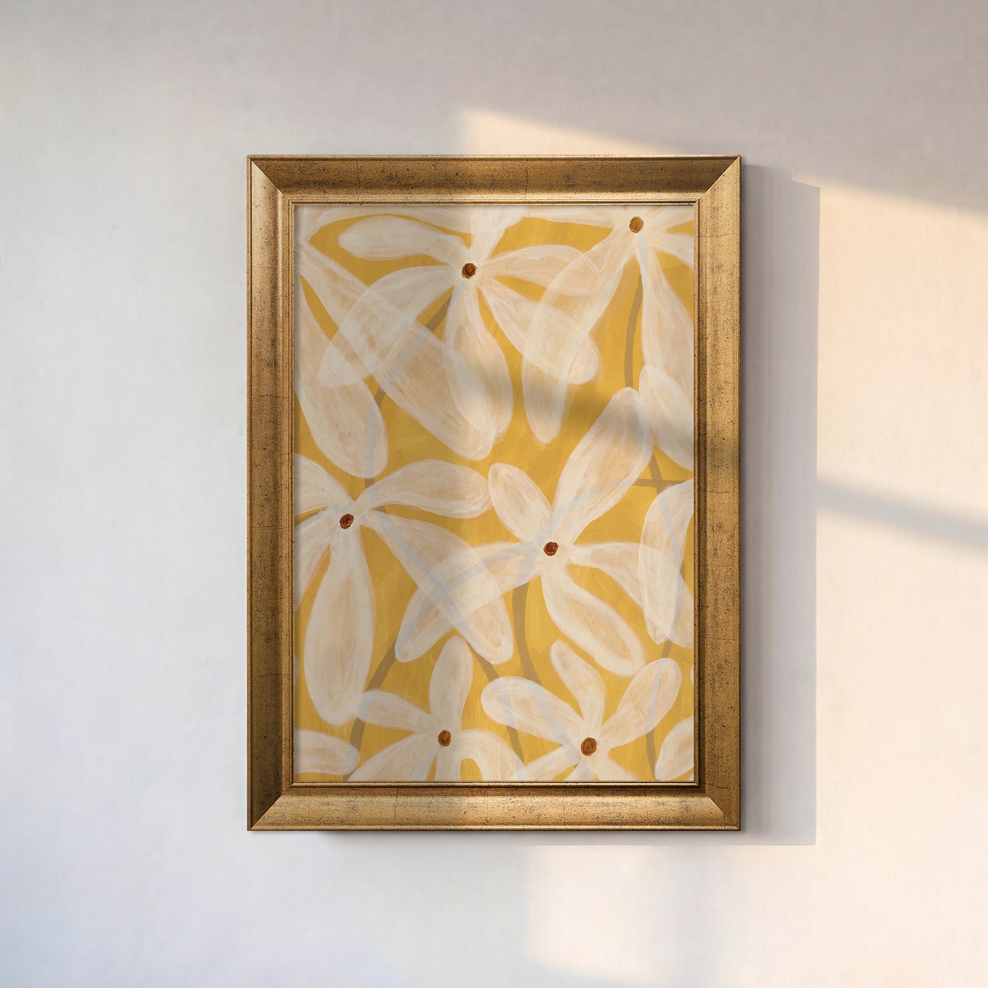 White Flowers on Yellow Background Canvas Wall Art – Modern Botanical Floral Painting