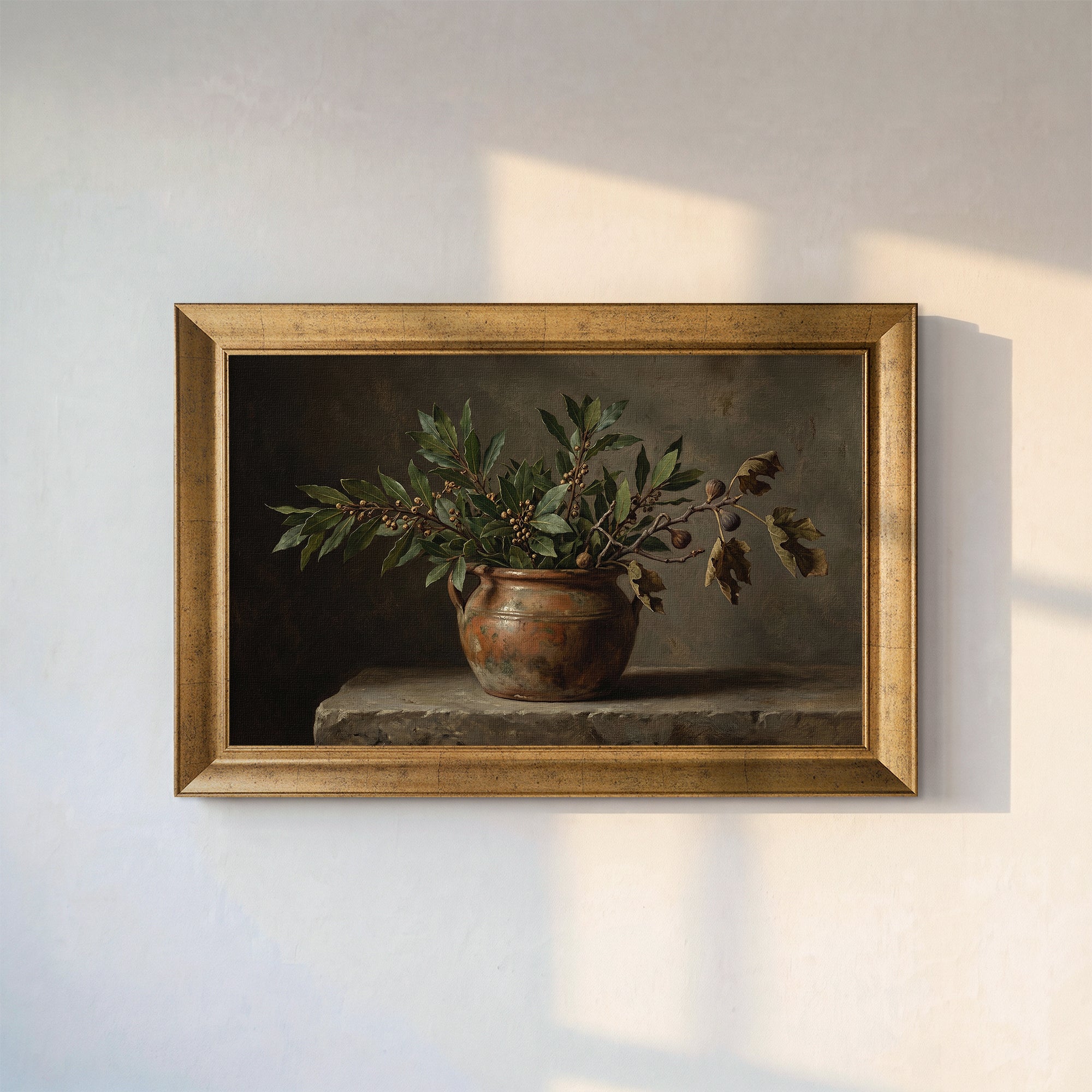 Classic Pot and Leaves Still Life Framed Canvas Print