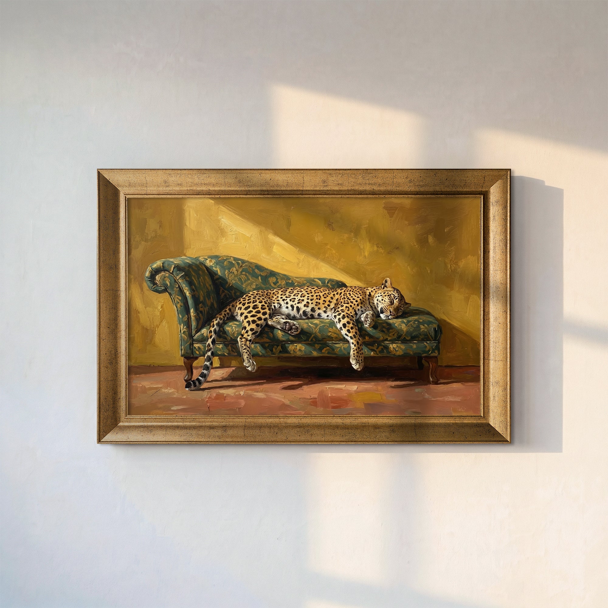 Leopard Sleeping on Couch Framed Canvas Print