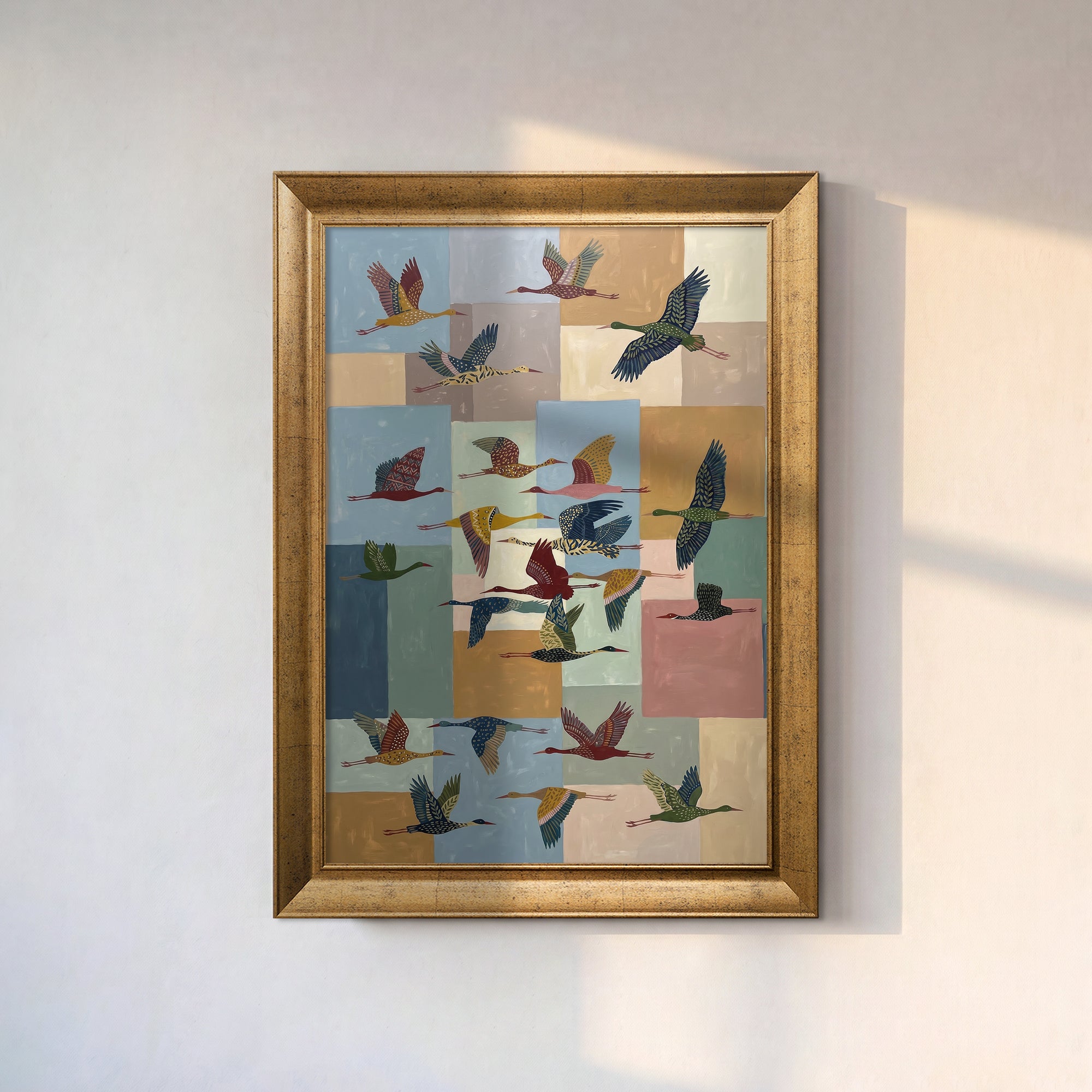 Colorful Flying Birds Canvas Wall Art – Geometric Bird Painting for Modern Decor