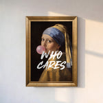 "WHO CARES" Girl with a Pearl Earring Framed Canvas Print