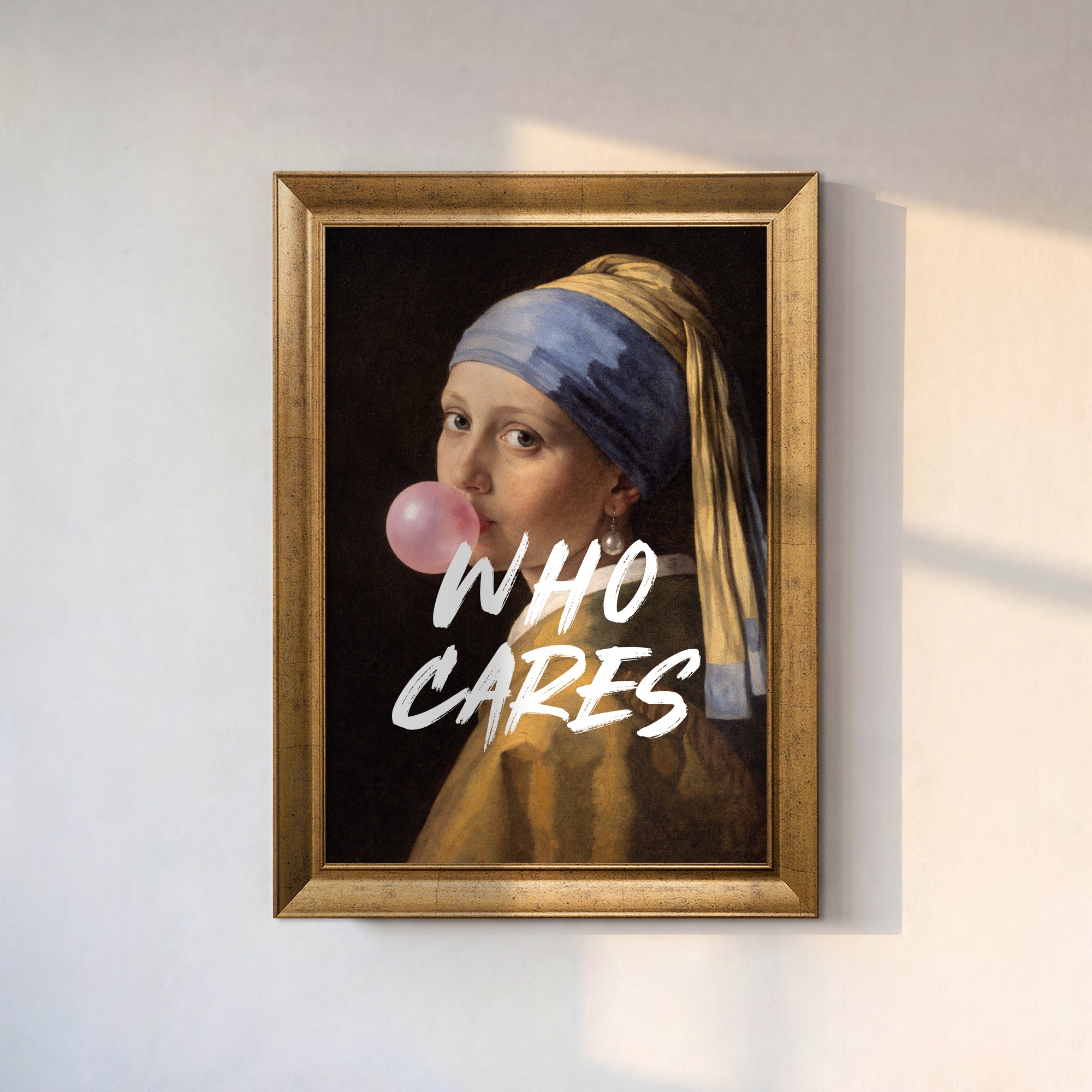 "WHO CARES" Girl with a Pearl Earring Framed Canvas Print