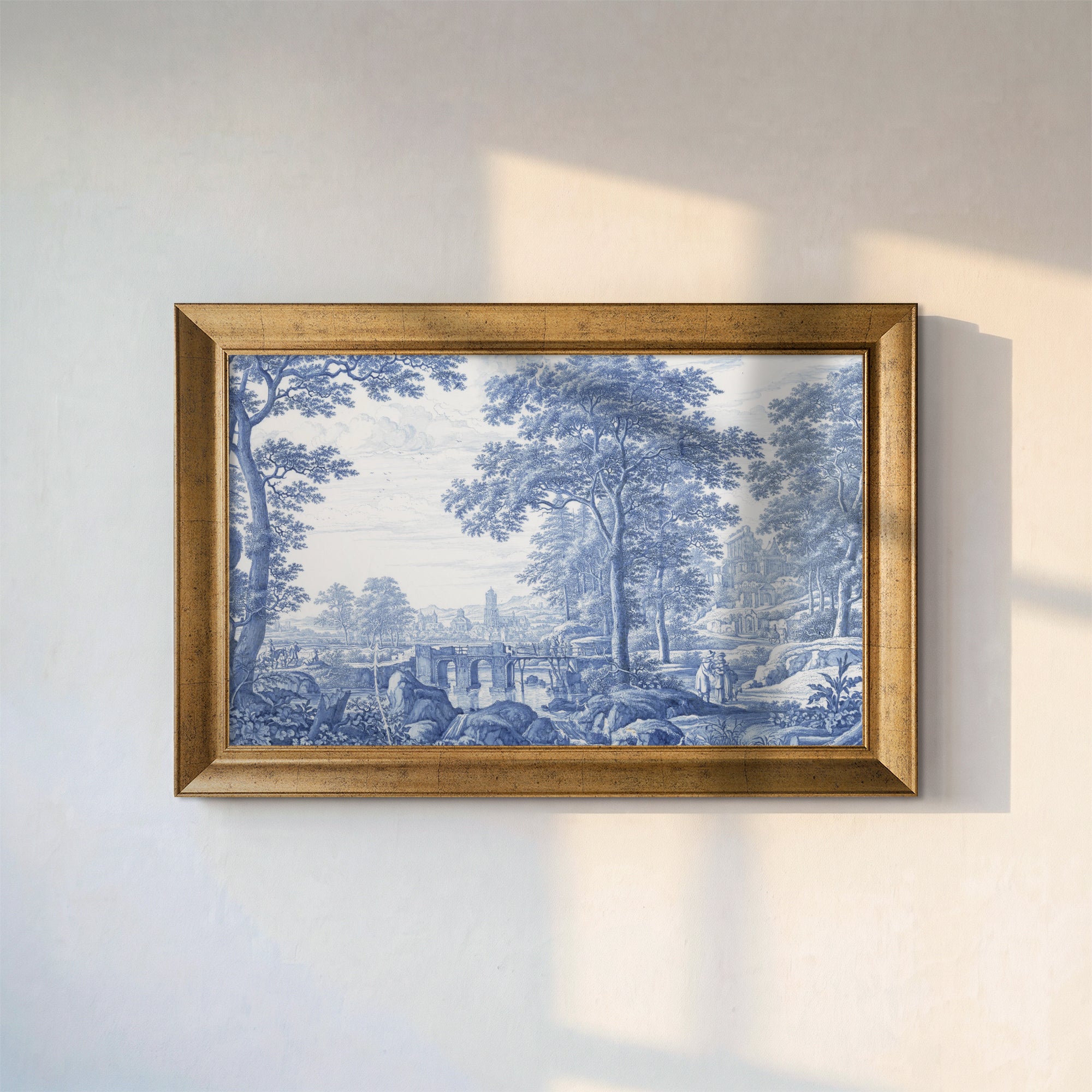 Blue Toile Landscape Canvas Wall Art – Vintage Scenic Countryside Print for Classic Decor