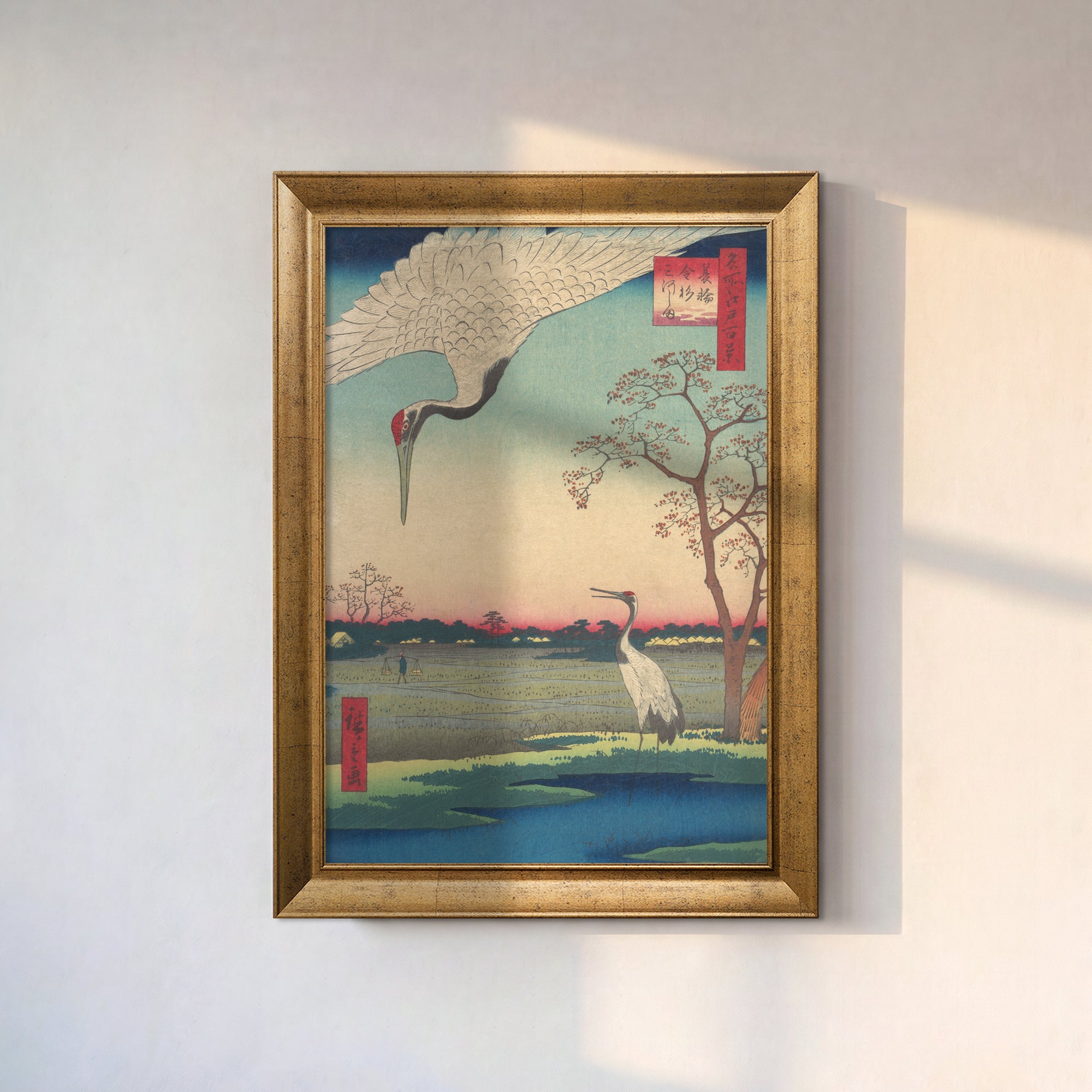Japanese Cranes Canvas Wall Art – Vintage Ukiyo-e Bird Landscape Print for Elegant Decor