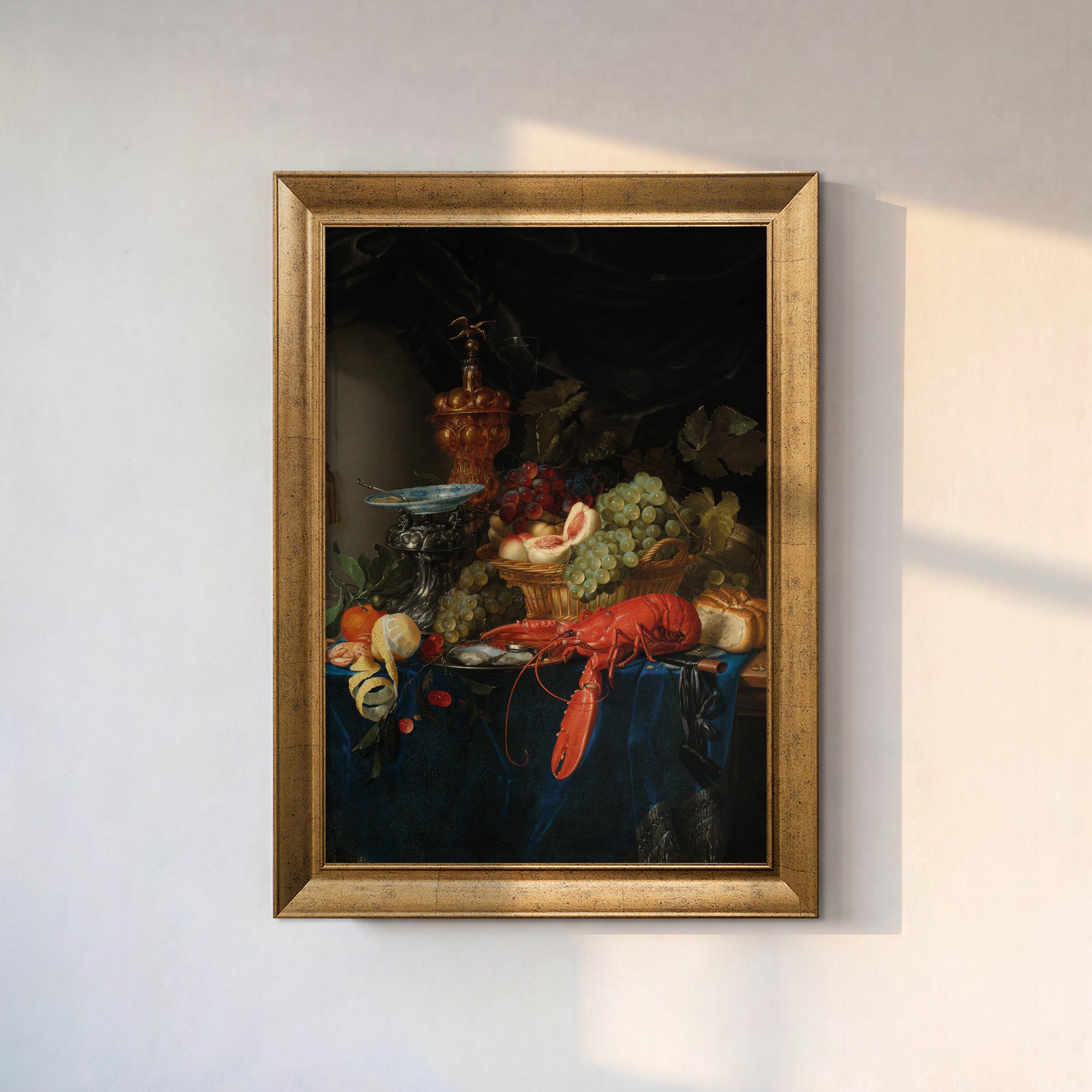 Luxury Still Life Canvas Wall Art – Lobster, Grapes and Fruit Vintage Painting Print
