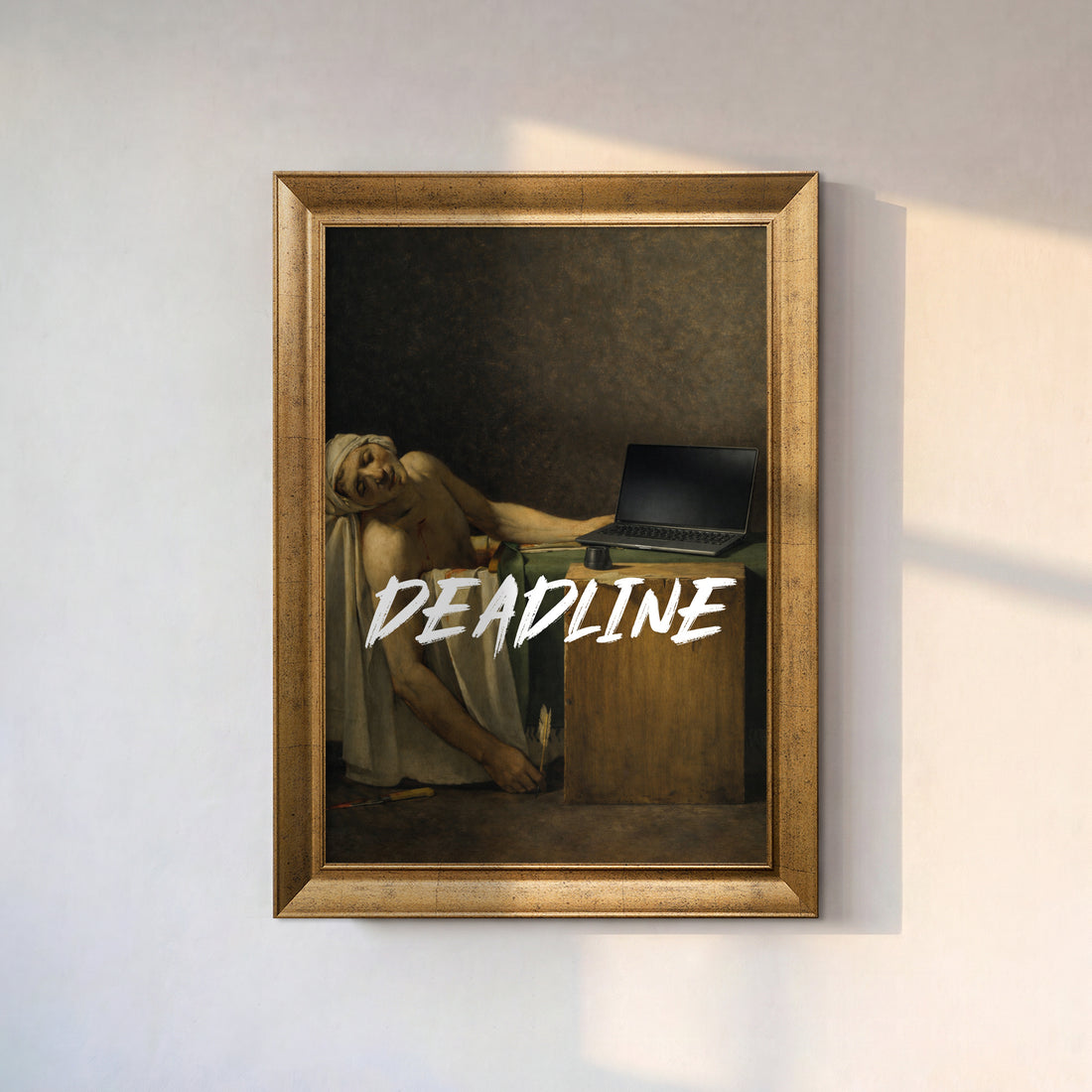 The Death of Marat reimagined with an open laptop on the wooden crate and white DEADLINE lettering, gold frame