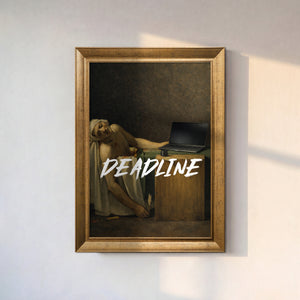 The Death of Marat reimagined with an open laptop on the wooden crate and white DEADLINE lettering, gold frame