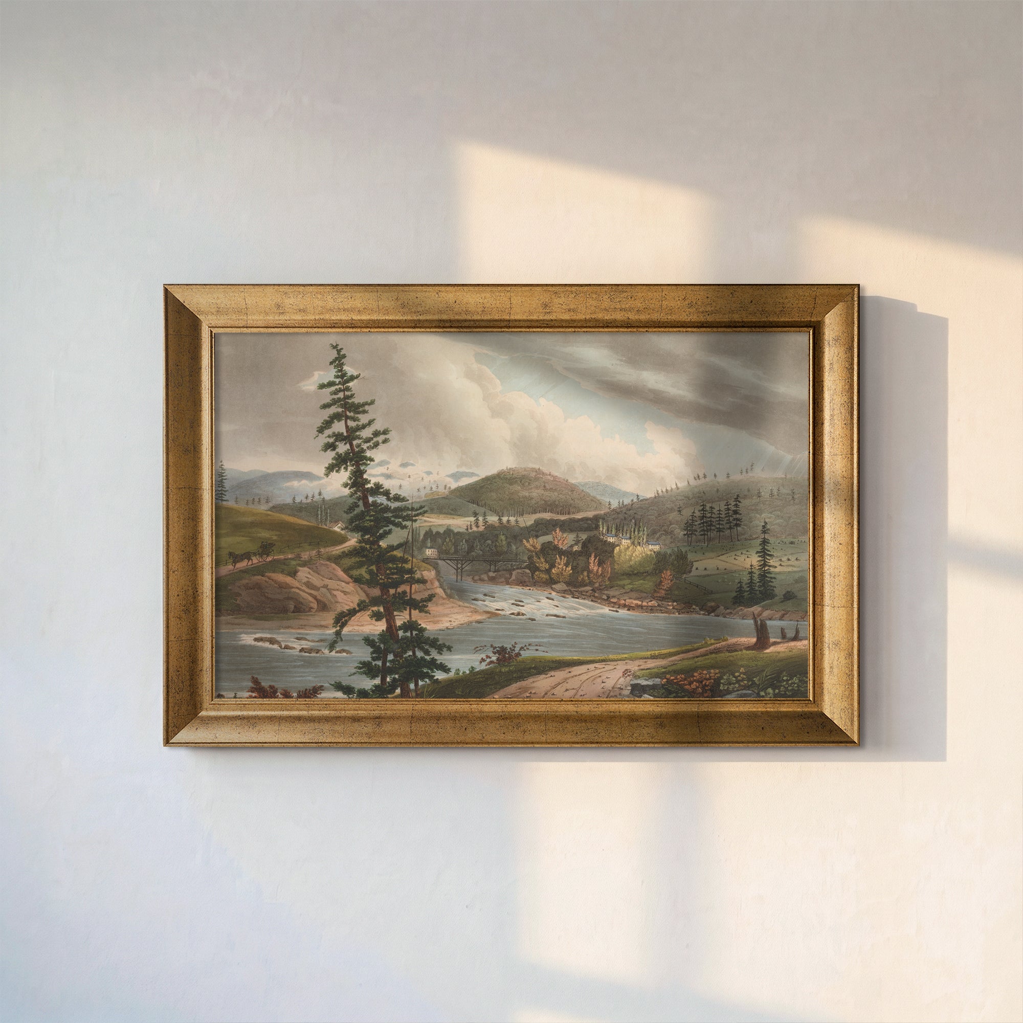 Vintage River Landscape Canvas Wall Art – Classic Mountain and Forest Scenery Print