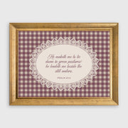 Psalm 23:2 Burgundy Gingham Lace Scripture Framed Canvas Print