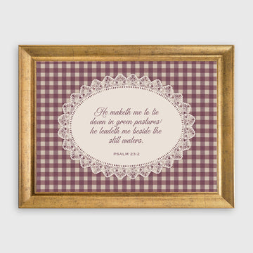 Psalm 23:2 Burgundy Gingham Lace Scripture Wall Art Print