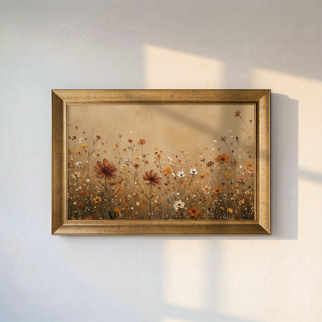 "Orange Flowers" Floral canvas print in a gold frame on a sunlit white wall