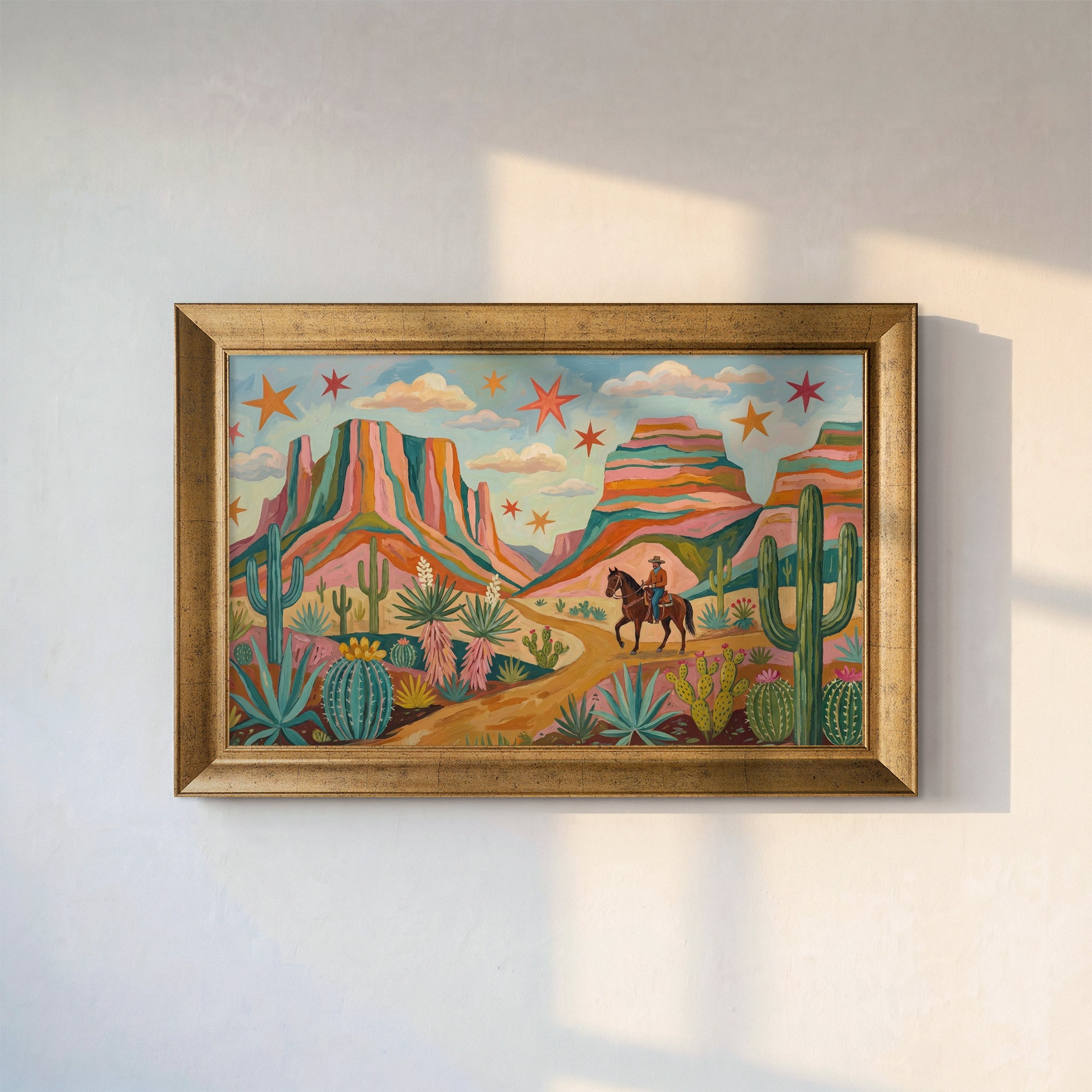 Cowboy and Stars in the Desert Framed Canvas Print