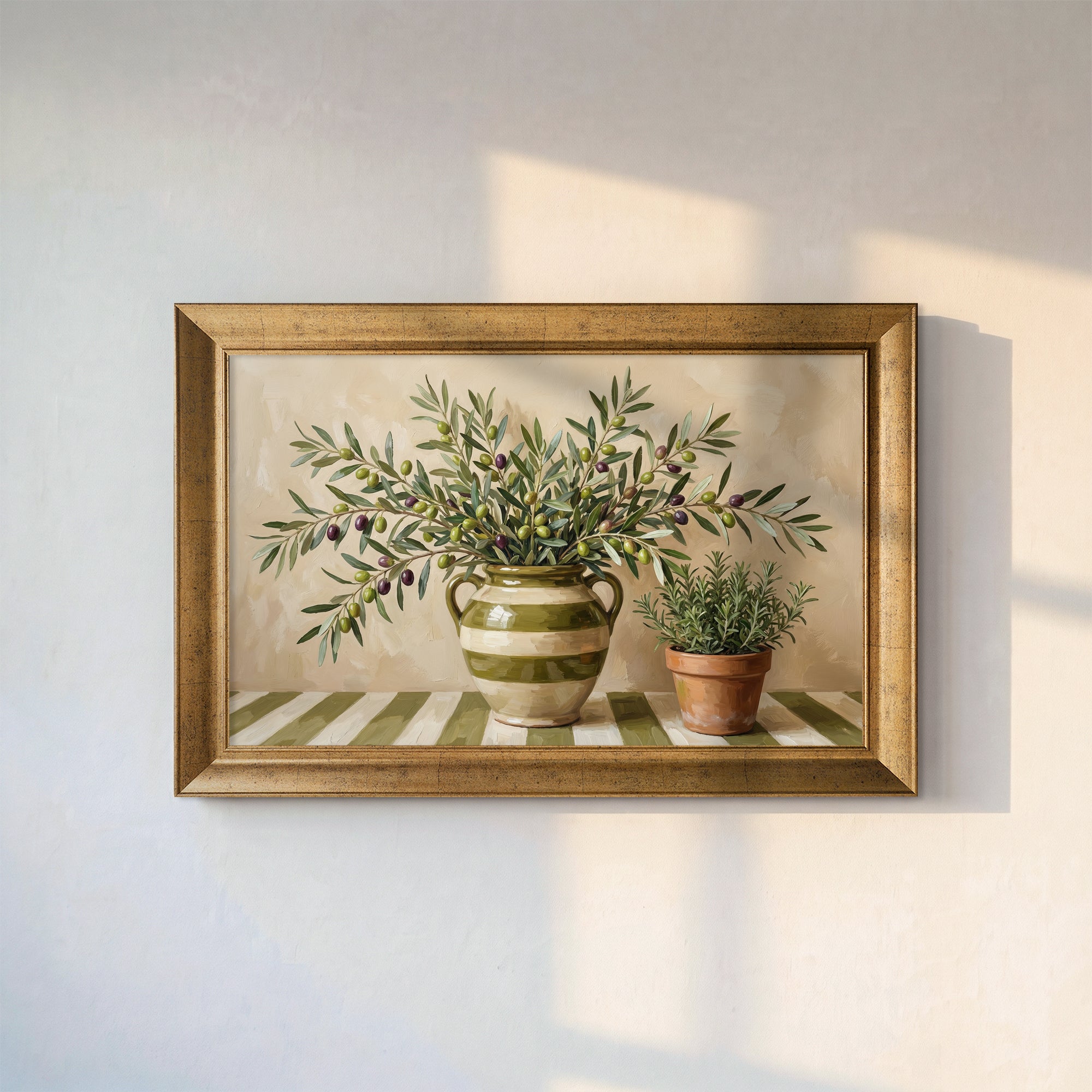 Olive Branches and Striped Vase Framed Canvas Print