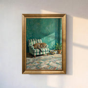 Leopard on Green Striped Armchair Canvas Wall Art – Eclectic Wildlife Interior Painting