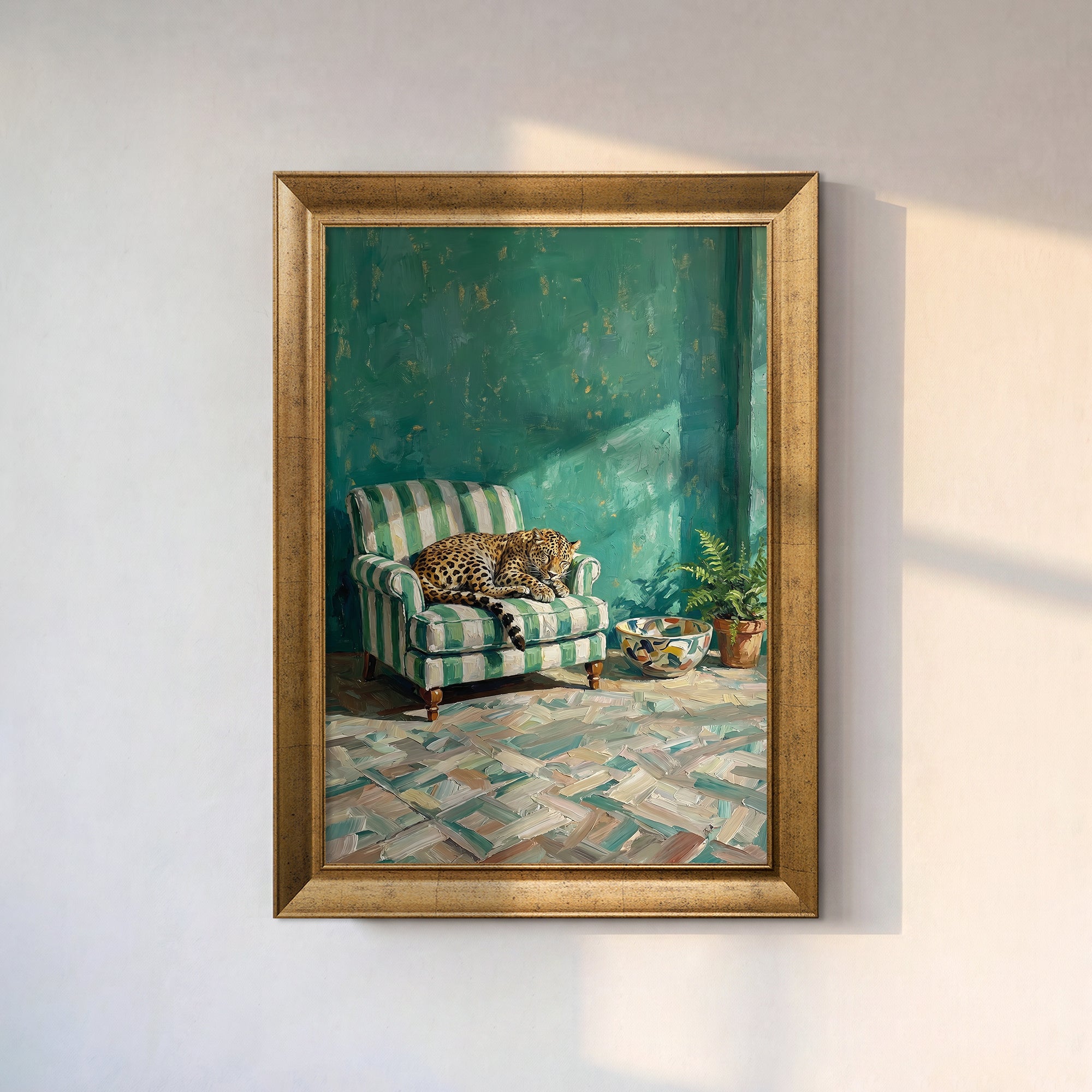 Leopard on Green Striped Armchair Canvas Wall Art – Eclectic Wildlife Interior Painting