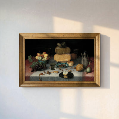 Vintage Still Life Canvas Wall Art – Fruit, Cheese and Table Setting Painting Print