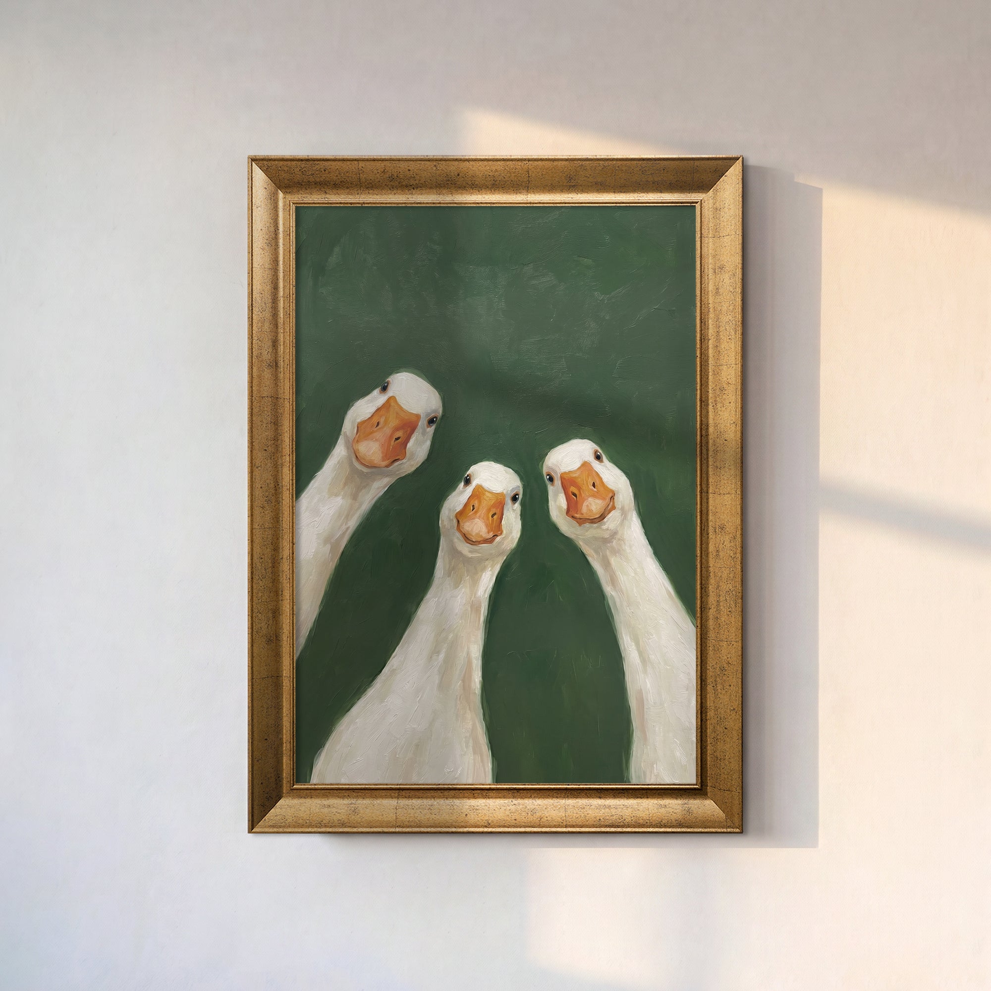 Three White Ducks Canvas Wall Art – Playful Animal Painting for Farmhouse and Modern Decor
