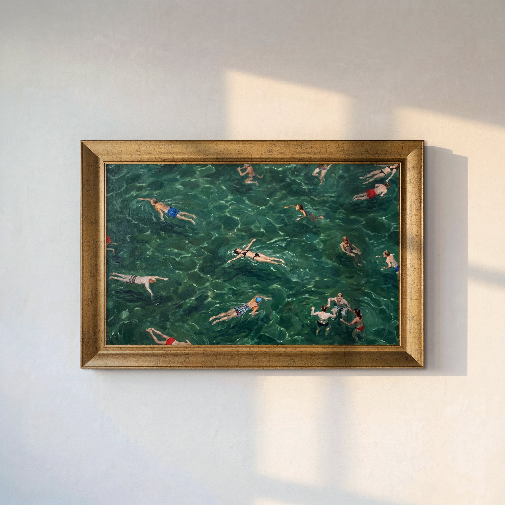 Emerald Summer Swimmers Canvas Wall Art – Aerial Ocean Painting for Coastal Decor