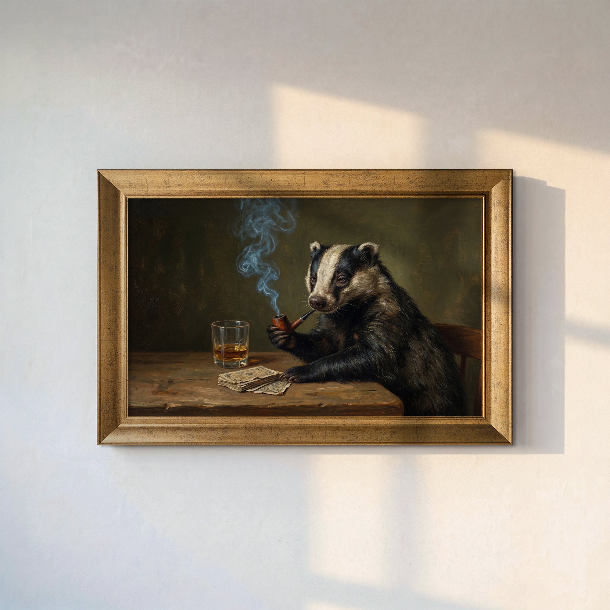 Badger with Whiskey and Pipe on Table Framed Canvas Print
