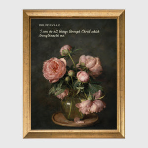Pink Peonies Still Life scripture canvas print in a gold frame on a plain light wall