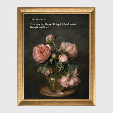 Philippians 4:13 Pink Peonies Still Life Scripture Oil Painting Wall Art Print