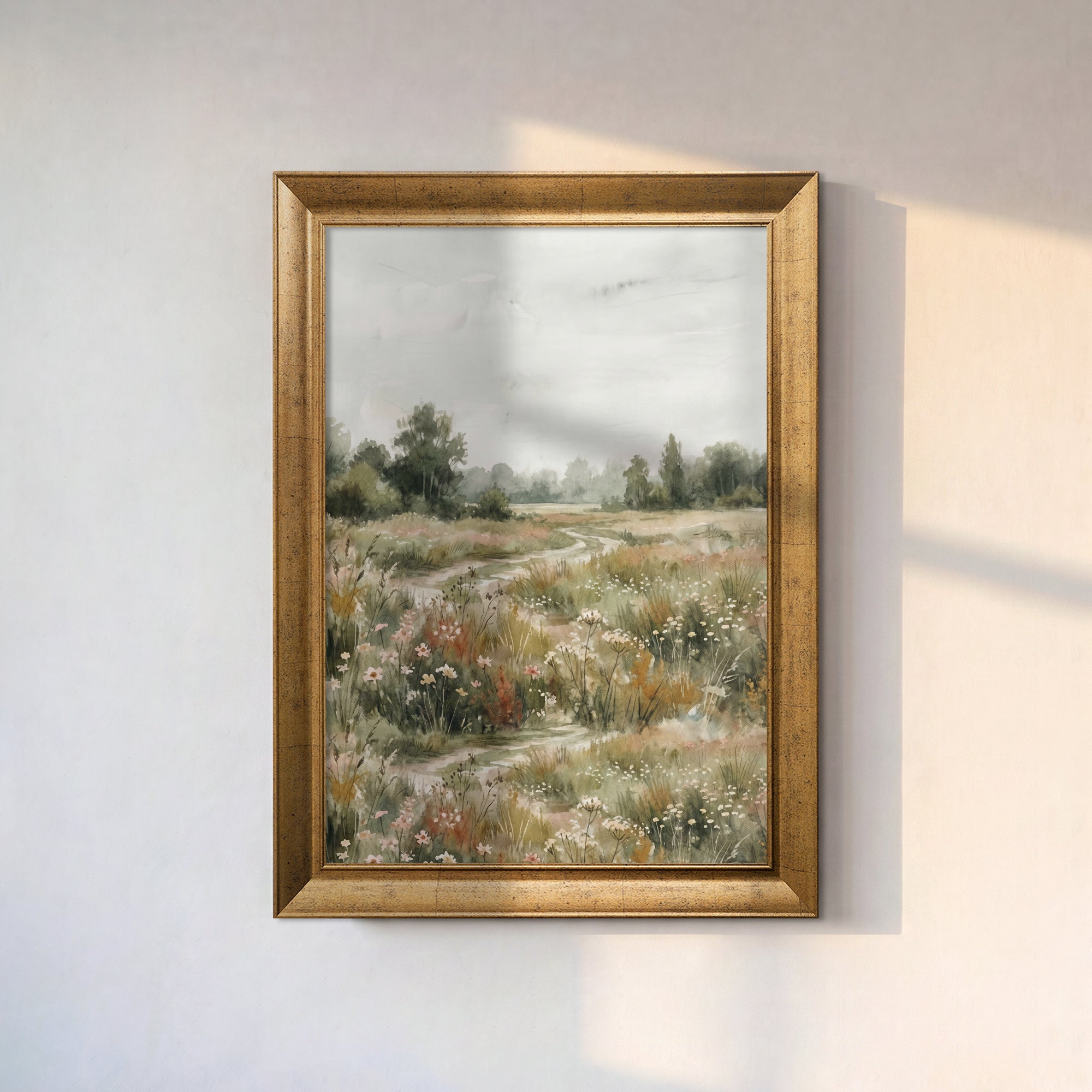 Wildflower Meadow Canvas Wall Art – Soft Pastel Countryside Landscape Painting