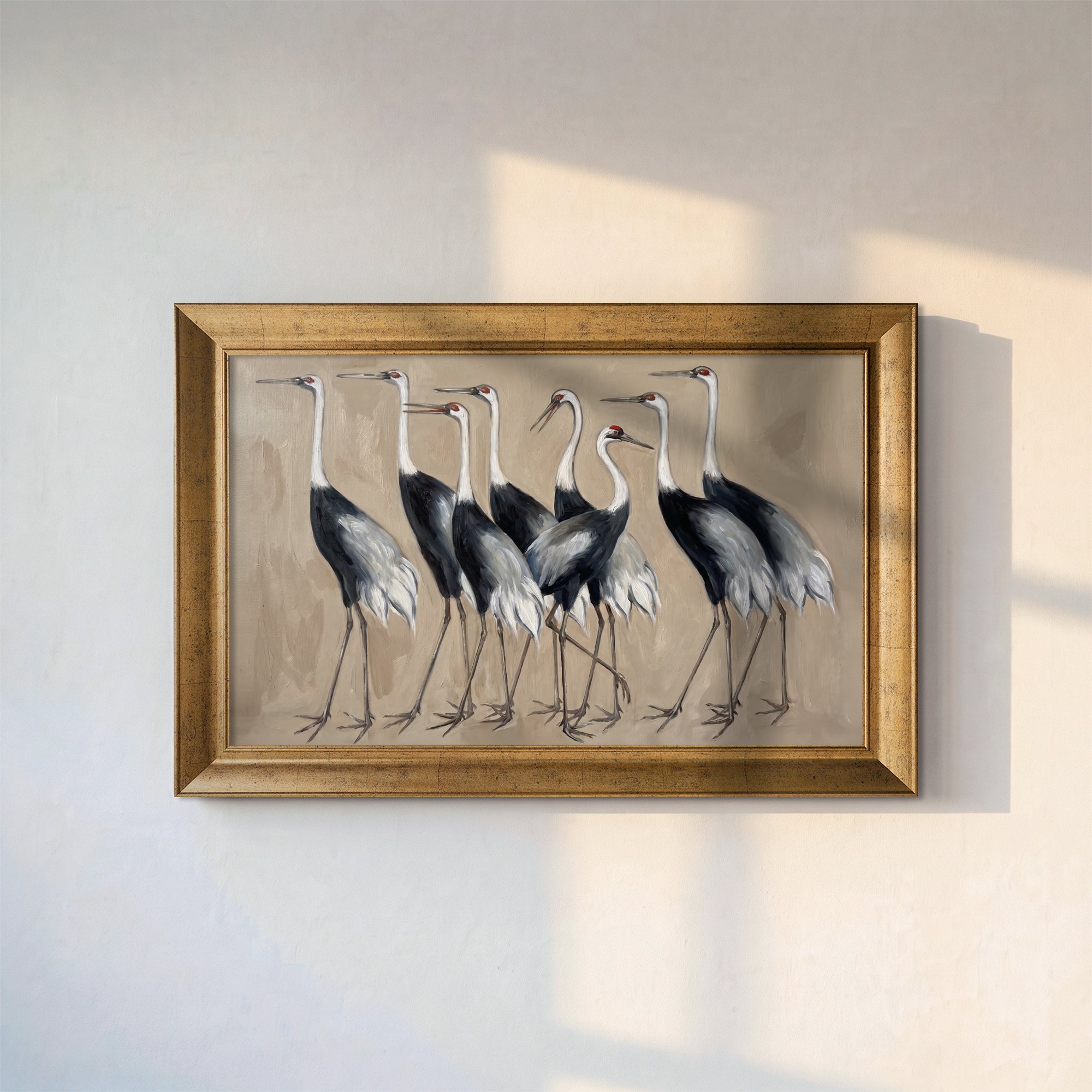Elegant Crane Canvas Wall Art – Neutral Bird Painting for Sophisticated Interiors