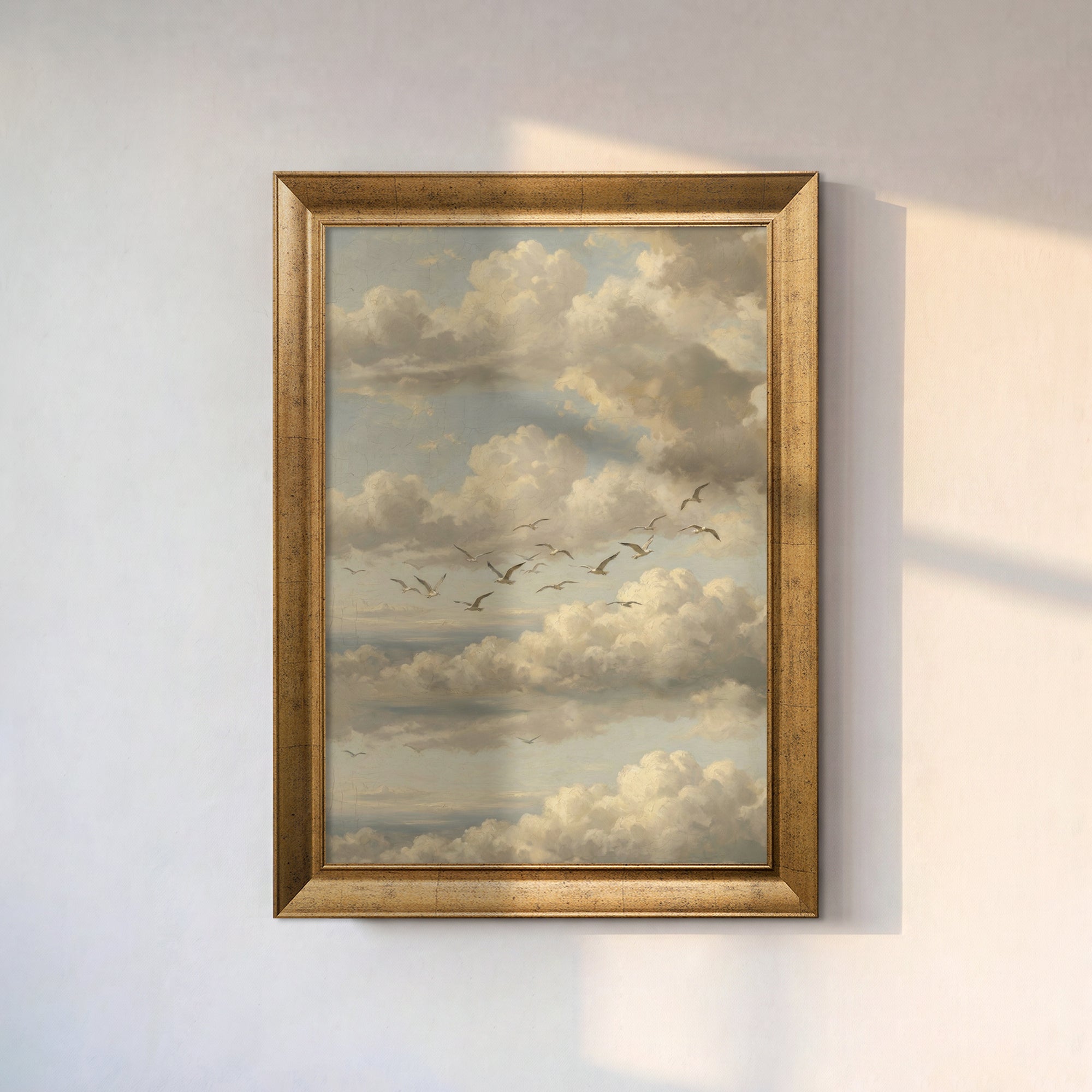 Clouds and Flying Birds Canvas Wall Art – Vintage Sky Landscape Painting for Serene Decor