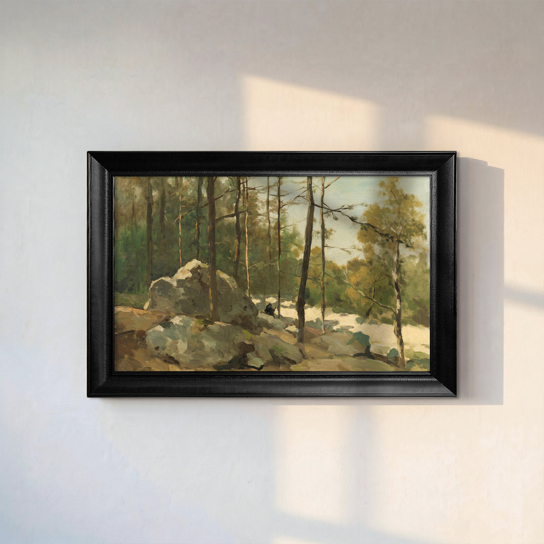 Forest Landscape canvas print in a black frame on a sunlit white wall