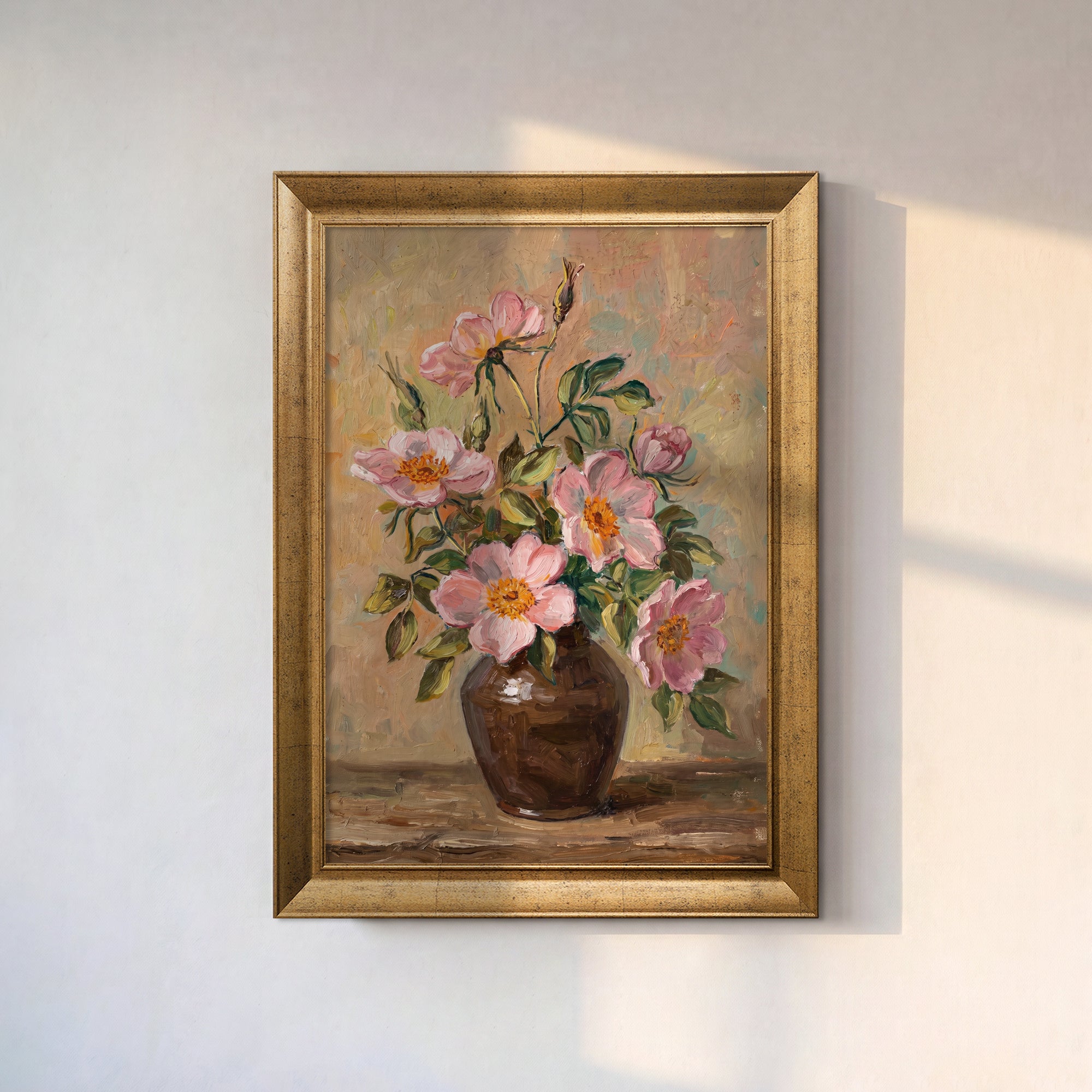 Pink Flowers in Vase Canvas Wall Art – Vintage Floral Still Life Painting for Elegant Decor