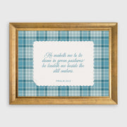 Psalm 23:2 Blue Plaid Pattern Scripture Framed Canvas Print