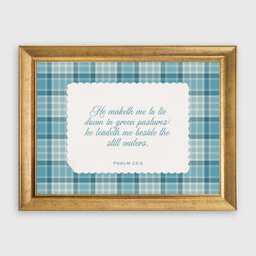 Psalm 23:2 Blue Plaid Pattern Scripture Wall Art Print