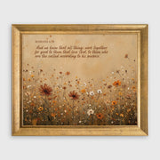 Romans 8:28 Warm Earth Tones Floral Scripture Framed Canvas Print