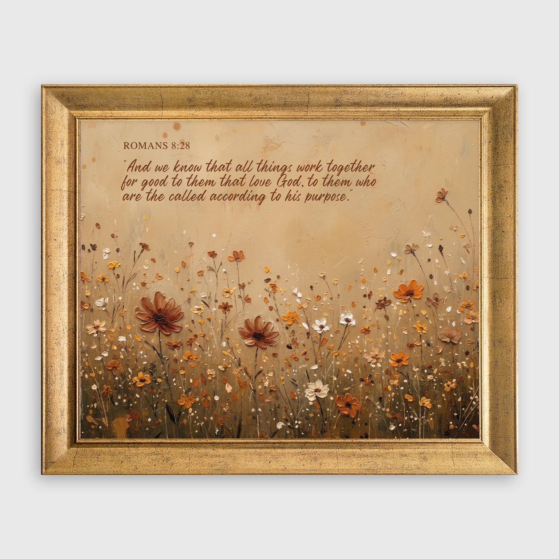 Romans 8:28 Warm Earth Tones Floral Scripture Framed Canvas Print