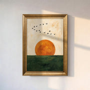 Golden Sunset and Flying Birds Canvas Wall Art – Minimalist Nature Landscape Painting