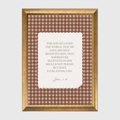 John 3:16 Terracotta Gingham Checkered Scripture Framed Canvas Print
