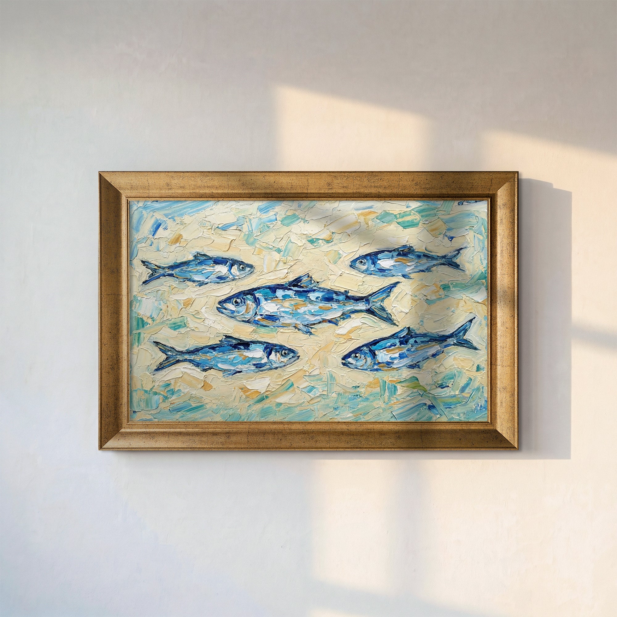 Blue Fishes Impasto Framed Canvas Print