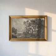 Vintage Forest Landscape Canvas Wall Art – Black and White Engraving Style Nature Print