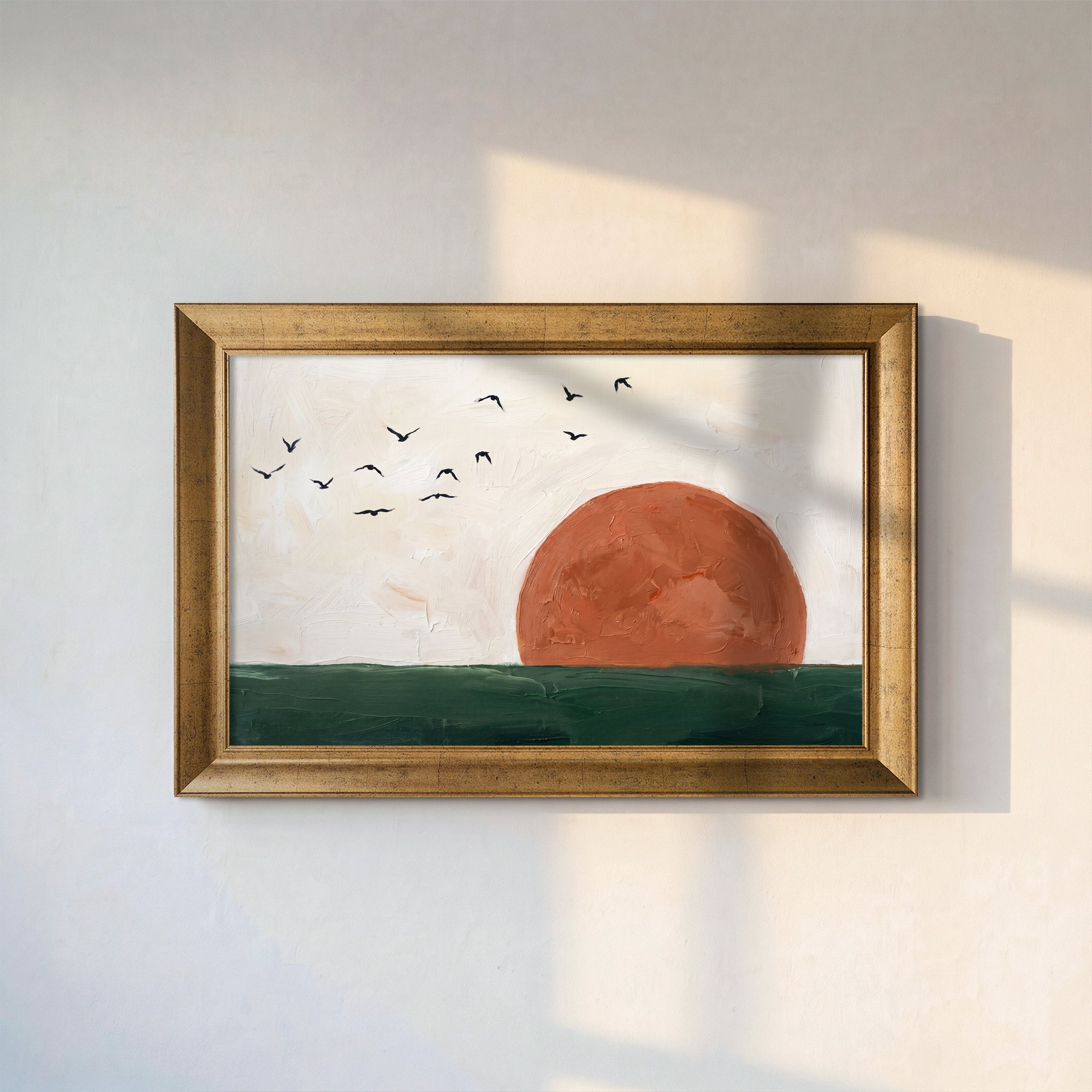 Minimalist Sunset Canvas Wall Art – Flying Birds Landscape Painting for Modern Decor