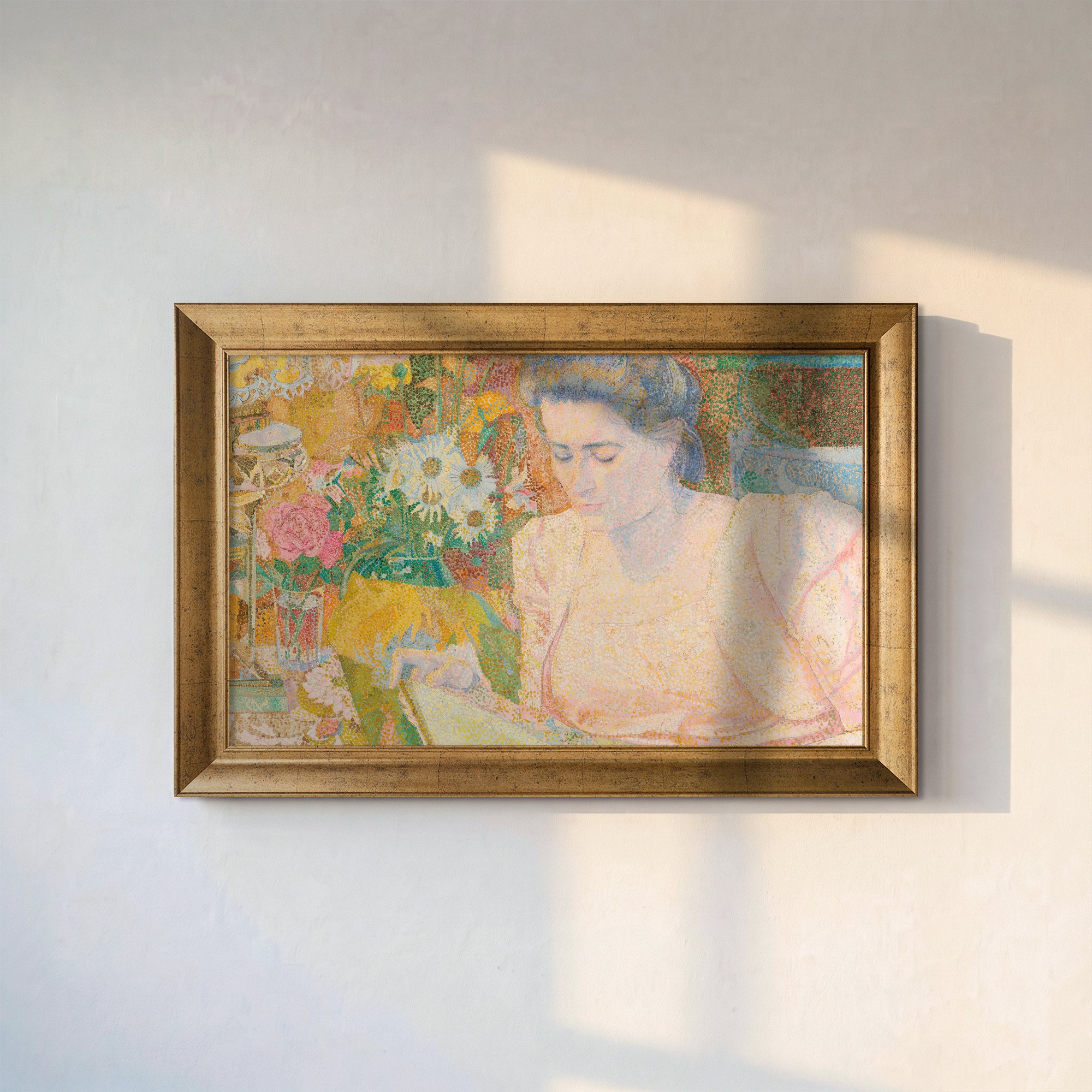 Reading Woman Canvas Wall Art – Vintage Pointillist Floral Painting for Elegant Decor