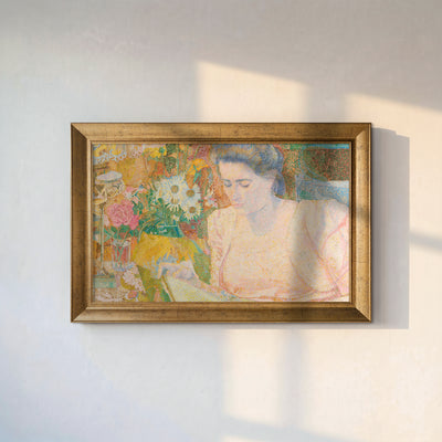 Reading Woman Canvas Wall Art – Vintage Pointillist Floral Painting for Elegant Decor