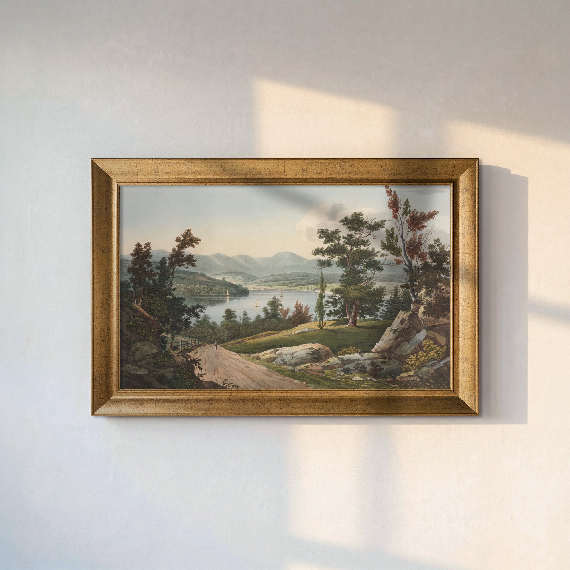 Vintage Lake Landscape Canvas Wall Art – Classic Mountain and Countryside View Print