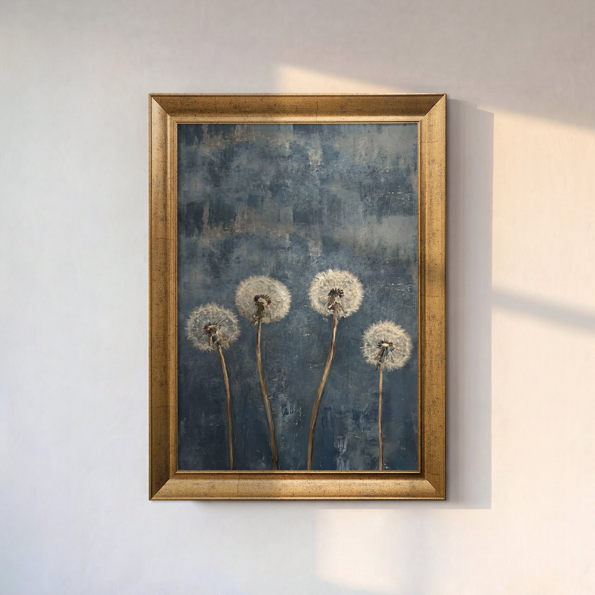 Dandelion Flowers Canvas Wall Art – Blue Background Botanical Painting for Calm Decor