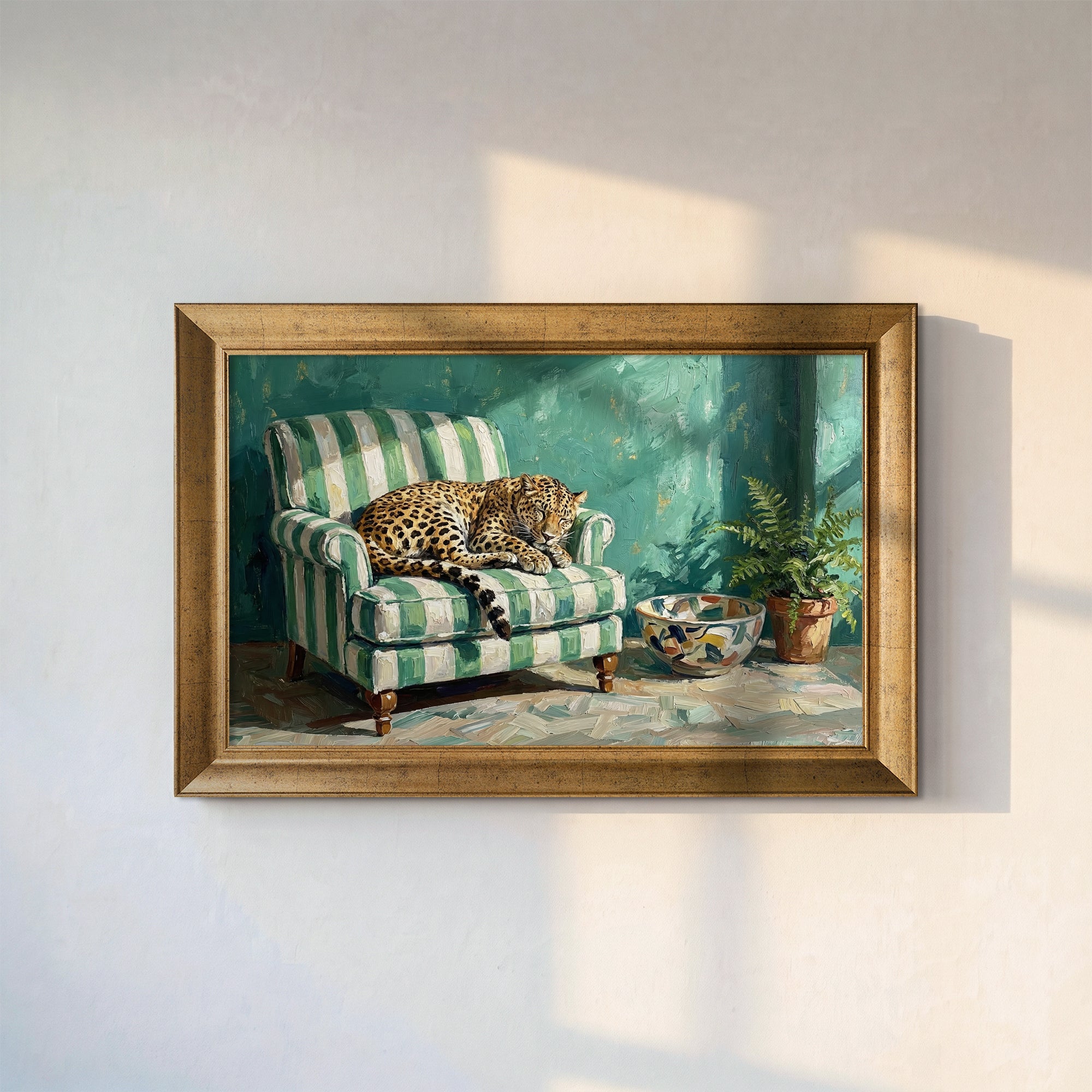 Leopard Sleeping on a Sofa Framed Canvas Print