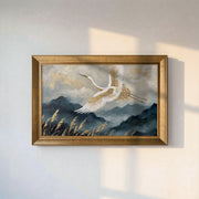 Flying Crane Canvas Wall Art – Elegant Mountain Landscape Painting with Gold Accents