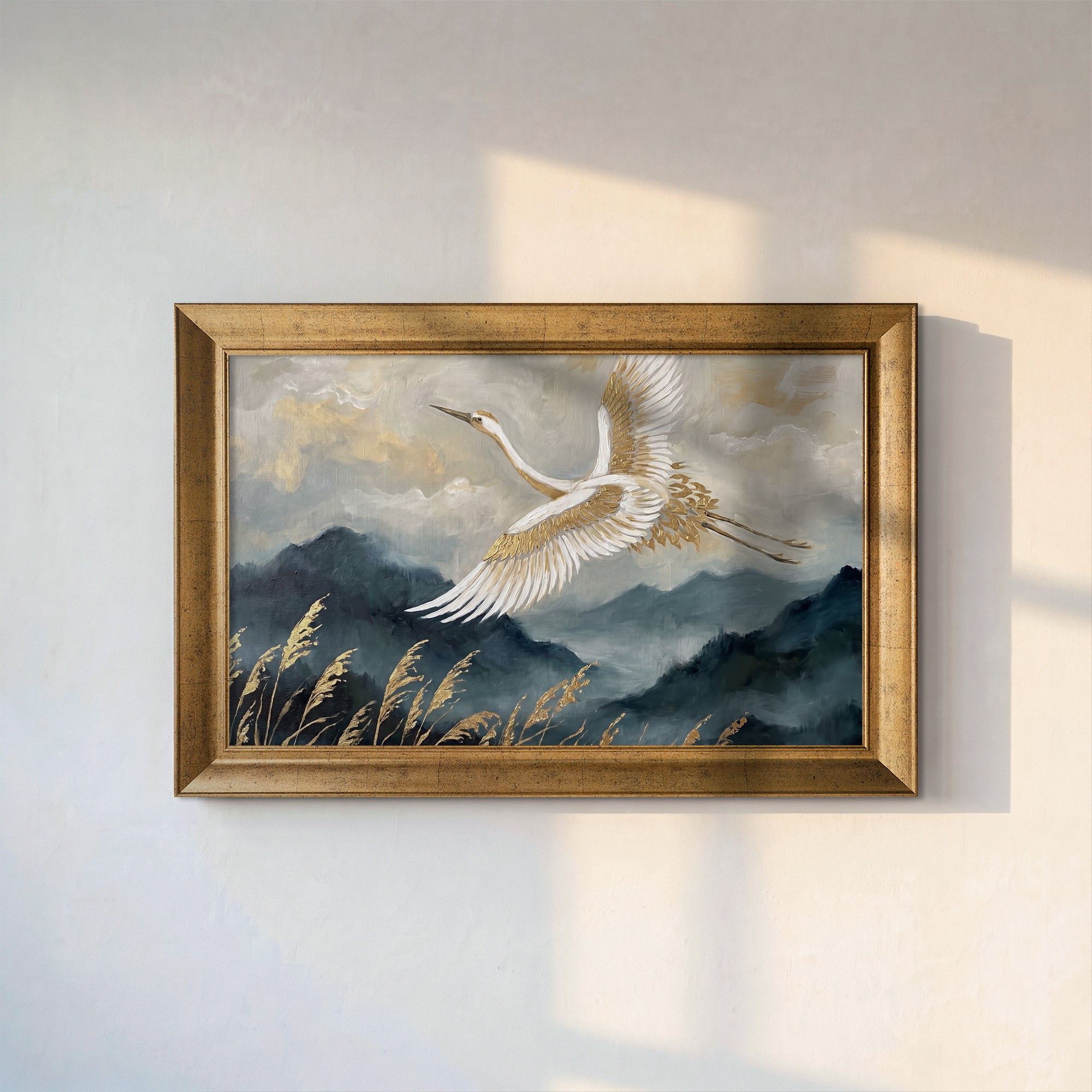 Flying Crane Canvas Wall Art – Elegant Mountain Landscape Painting with Gold Accents