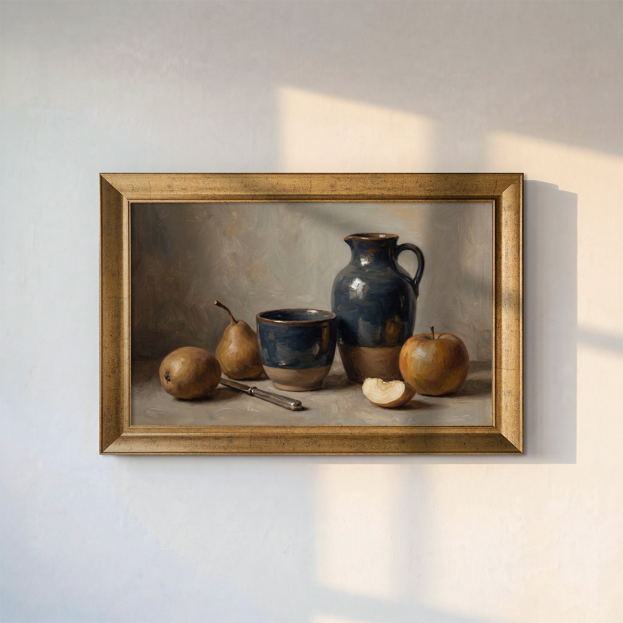 Rustic Kitchen Still Life Canvas Wall Art – Vintage Fruit and Blue Pottery Painting
