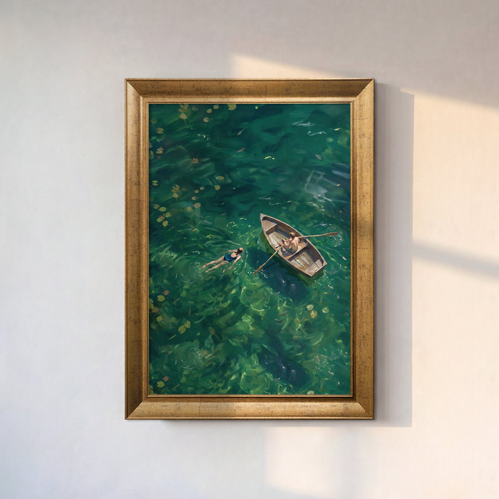 Rowboat and Swimmer Canvas Wall Art – Green Water Summer Landscape Painting