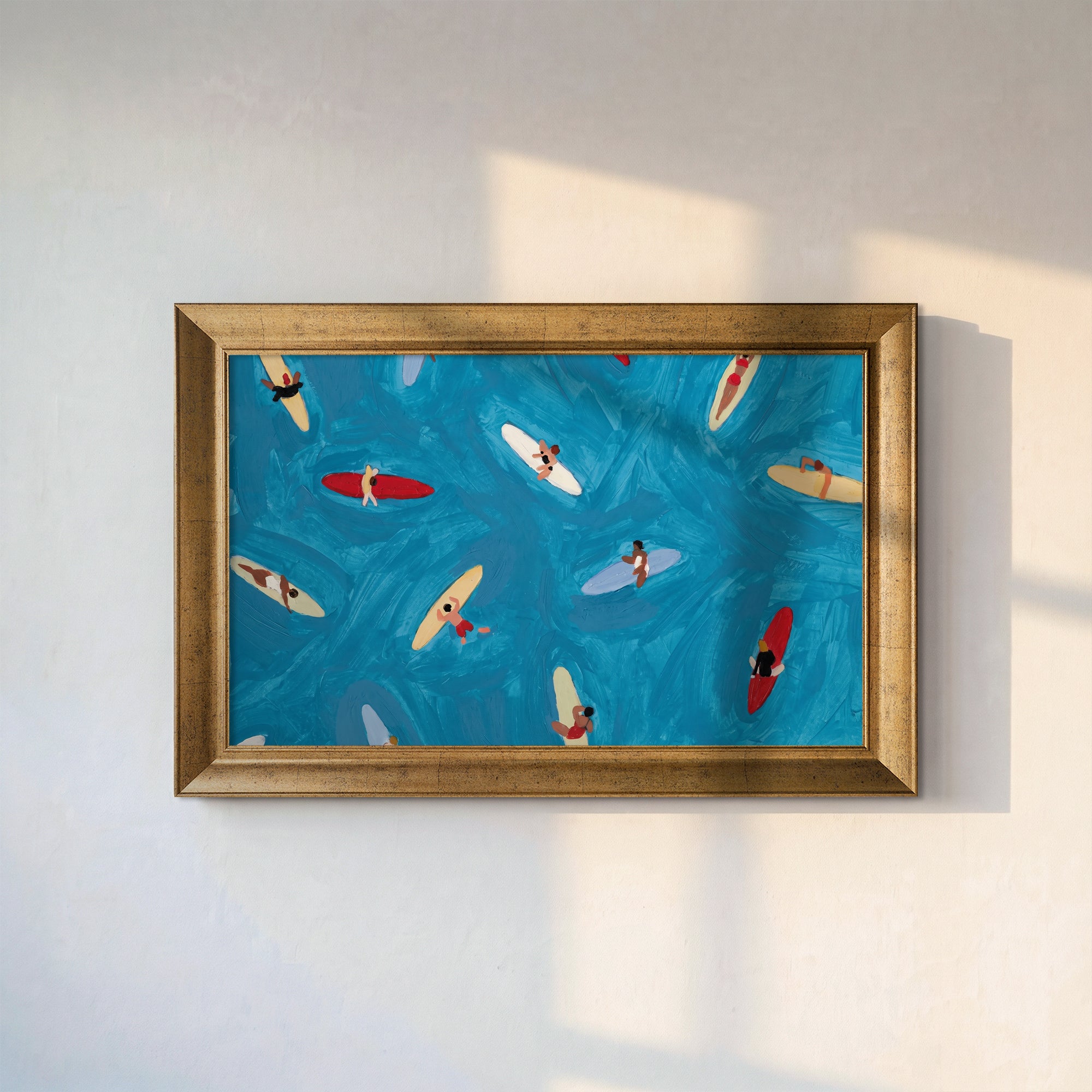 Surfers in Blue Water Canvas Wall Art – Colorful Coastal Surf